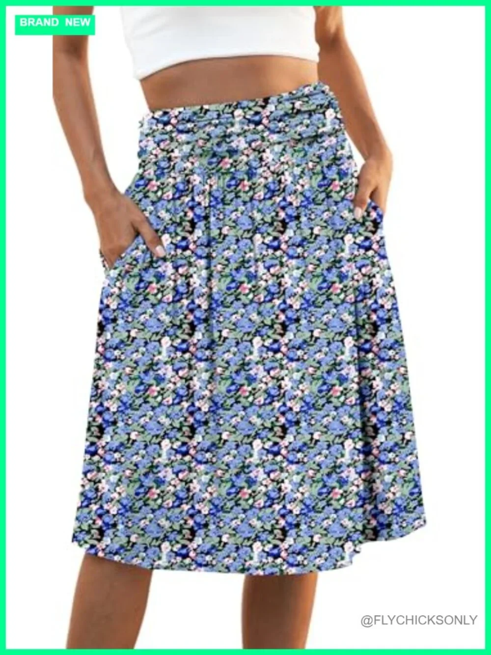 Flowy A-Line Midi Skirt with Pockets Elastic High Waisted Pleated
